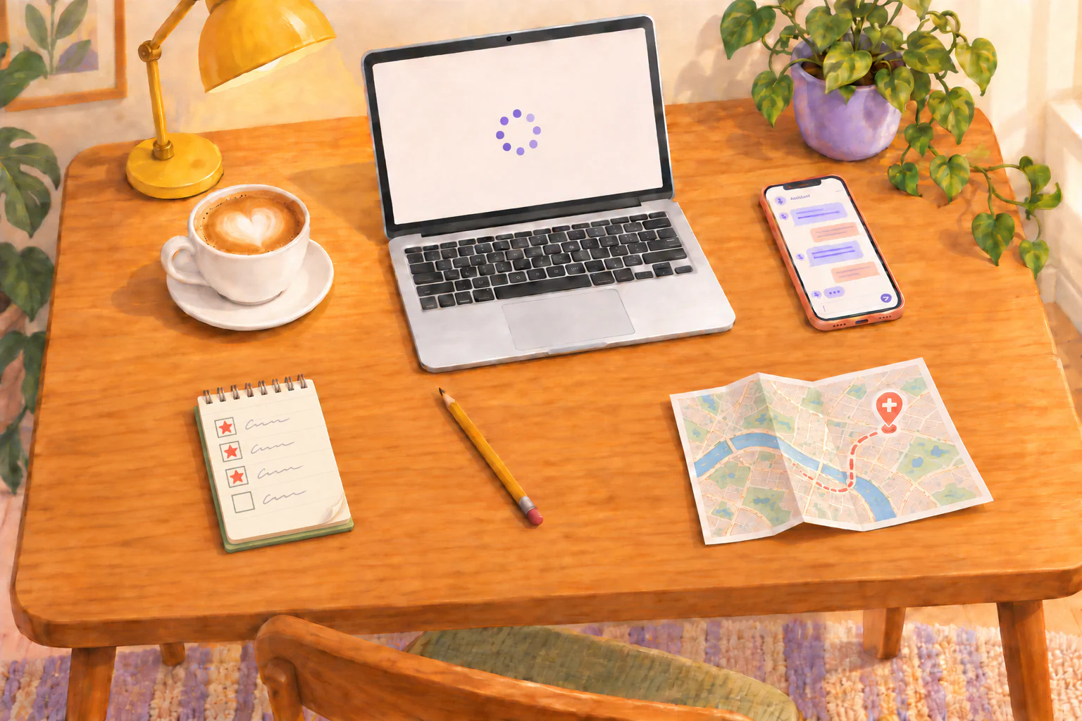 A sunlit wooden research desk with a silver laptop, cappuccino in a white ceramic cup and saucer, small spiral notepad with three coral stars inside boxes to the left of its task text, phone displaying a chatbot conversation, and a small folded map, surrounded by a yellow lamp and leafy plants.