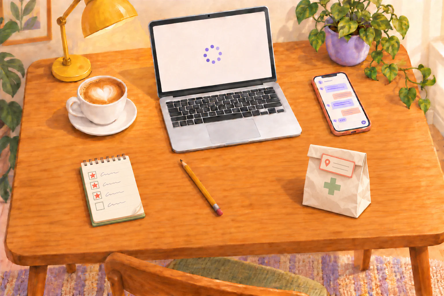 A sunlit wooden research desk with a silver laptop, cappuccino in a white ceramic cup and saucer, small spiral notepad with three coral stars inside boxes to the left of its task text, phone displaying a chatbot conversation, and a cream pharmacy bag with a green medical cross and coral location card, surrounded by a yellow lamp and leafy plants.