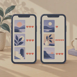 Two phone feeds show steady likes on one screen and varying likes on the other.
