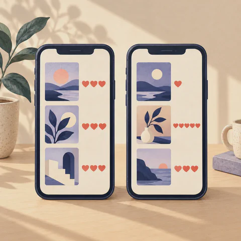 Two phone feeds show steady likes on one screen and varying likes on the other.