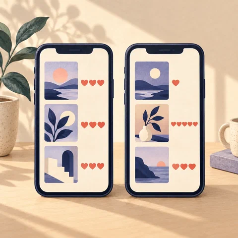 Two phone feeds show steady likes on one screen and varying likes on the other.