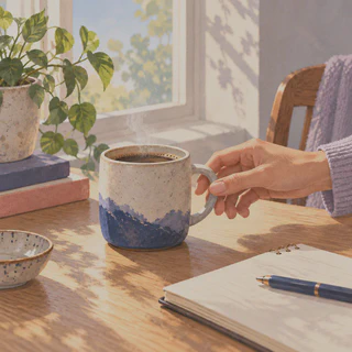 A hand reaching for a ceramic coffee mug on a sunlit desk.