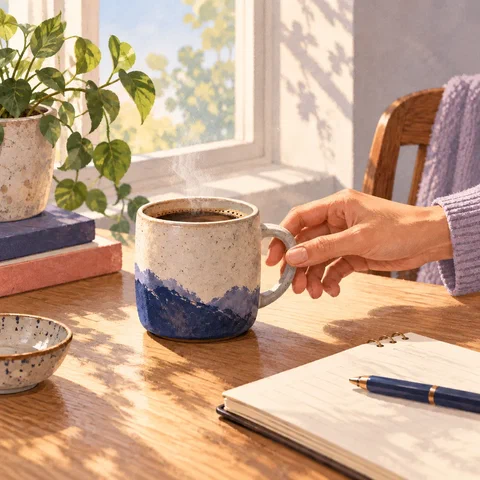 A hand reaching for a ceramic coffee mug on a sunlit desk.