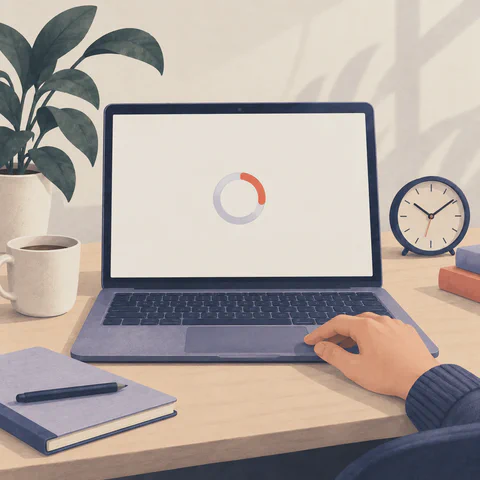 Laptop showing only a loading spinner while a learner waits.