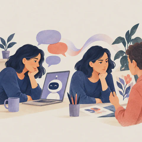 A person chats with a bot, then critically evaluates another person's creative work.
