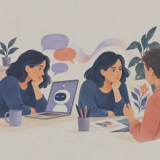 A person chats with a bot, then critically evaluates another person's creative work.