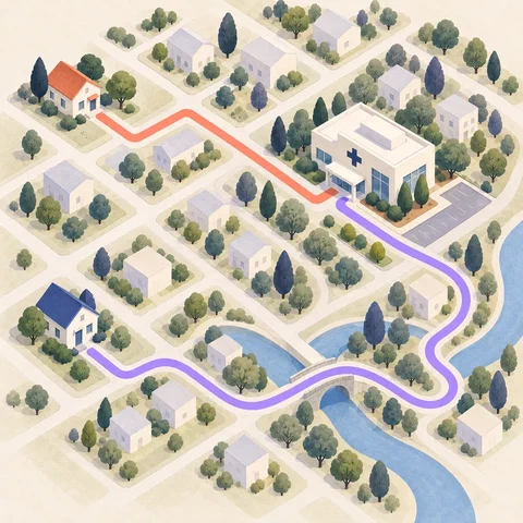 Two homes are connected to the same vaccine clinic by routes of different lengths.