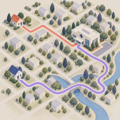 Two homes are connected to the same vaccine clinic by routes of different lengths.