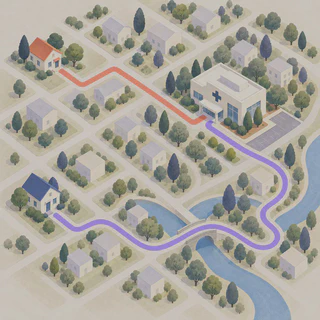 Two homes are connected to the same vaccine clinic by routes of different lengths.